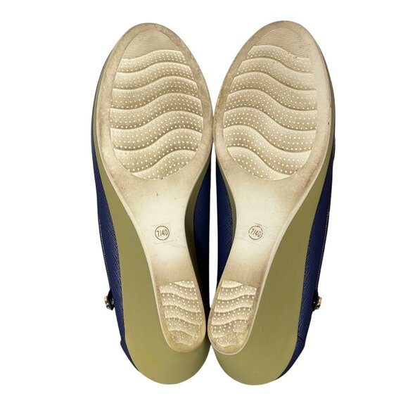 Carlton London Textured Moc-Toe Wedges in Navy Blue with gold accents, size US 9 - Picture 12 of 14